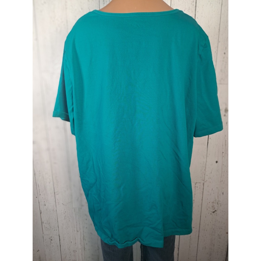 Liz & Me Womens 1X 18/20W Teal Henley Top White Embroidered Short Sleeve Cotton - Picture 6 of 8